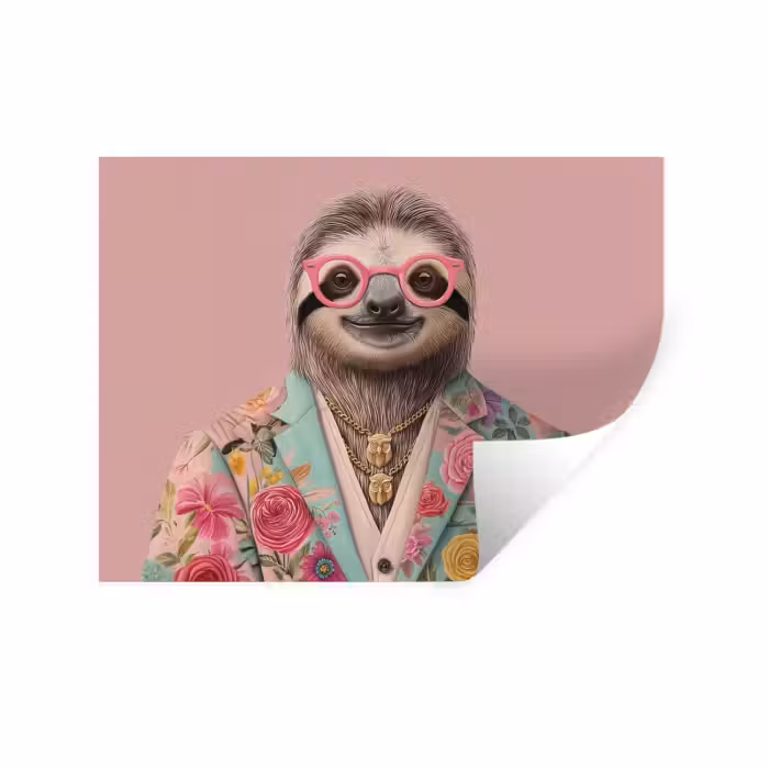 Muursticker - Luiaard - Bloemenprint - Bril - Roze