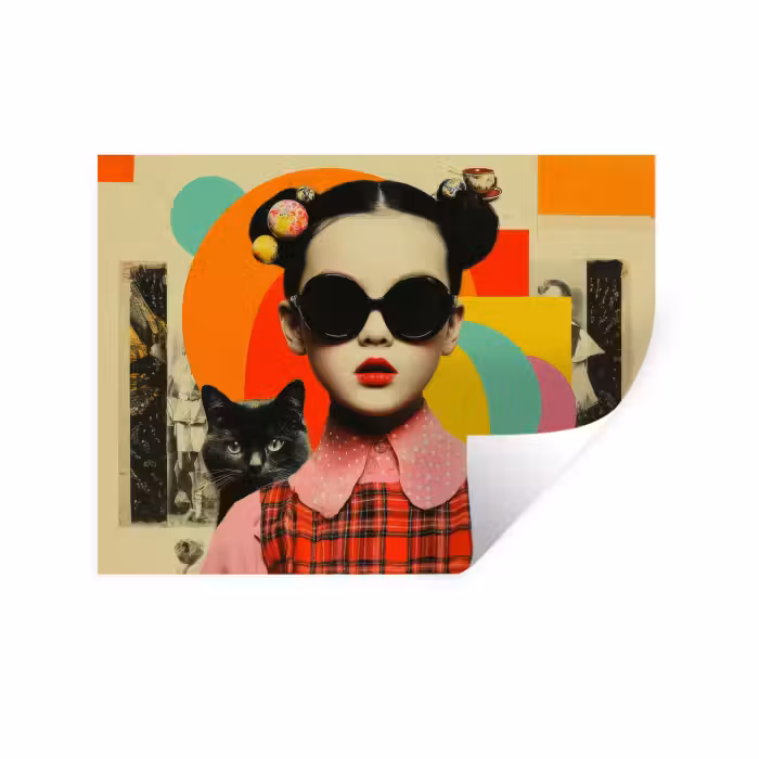 Muursticker - Meisje - Zonnebril - Kat - Retro