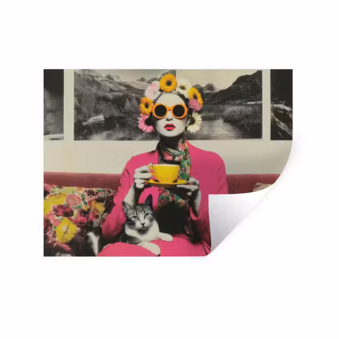 Muursticker - Vrouw - Kat - Bloemen - Kopje - Retro