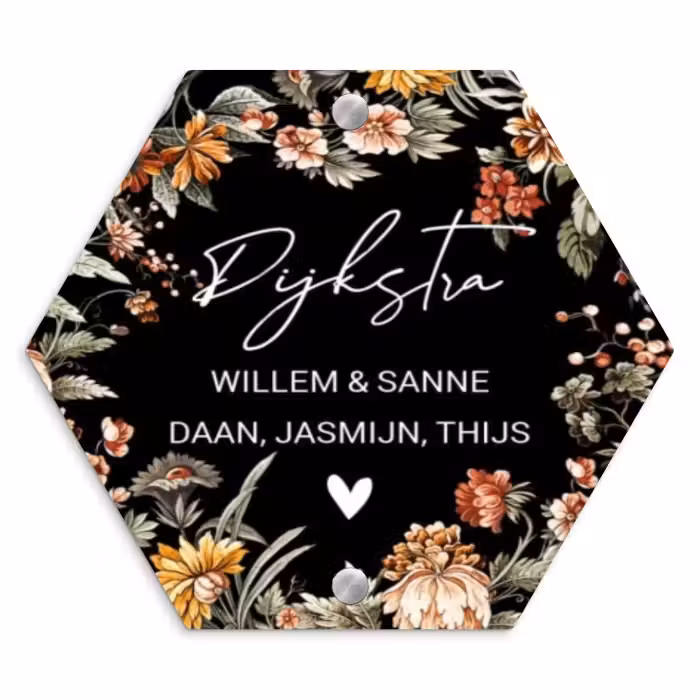 Naambordje voordeur - Hexagon - Bloemen - Zwart - Sierlijk