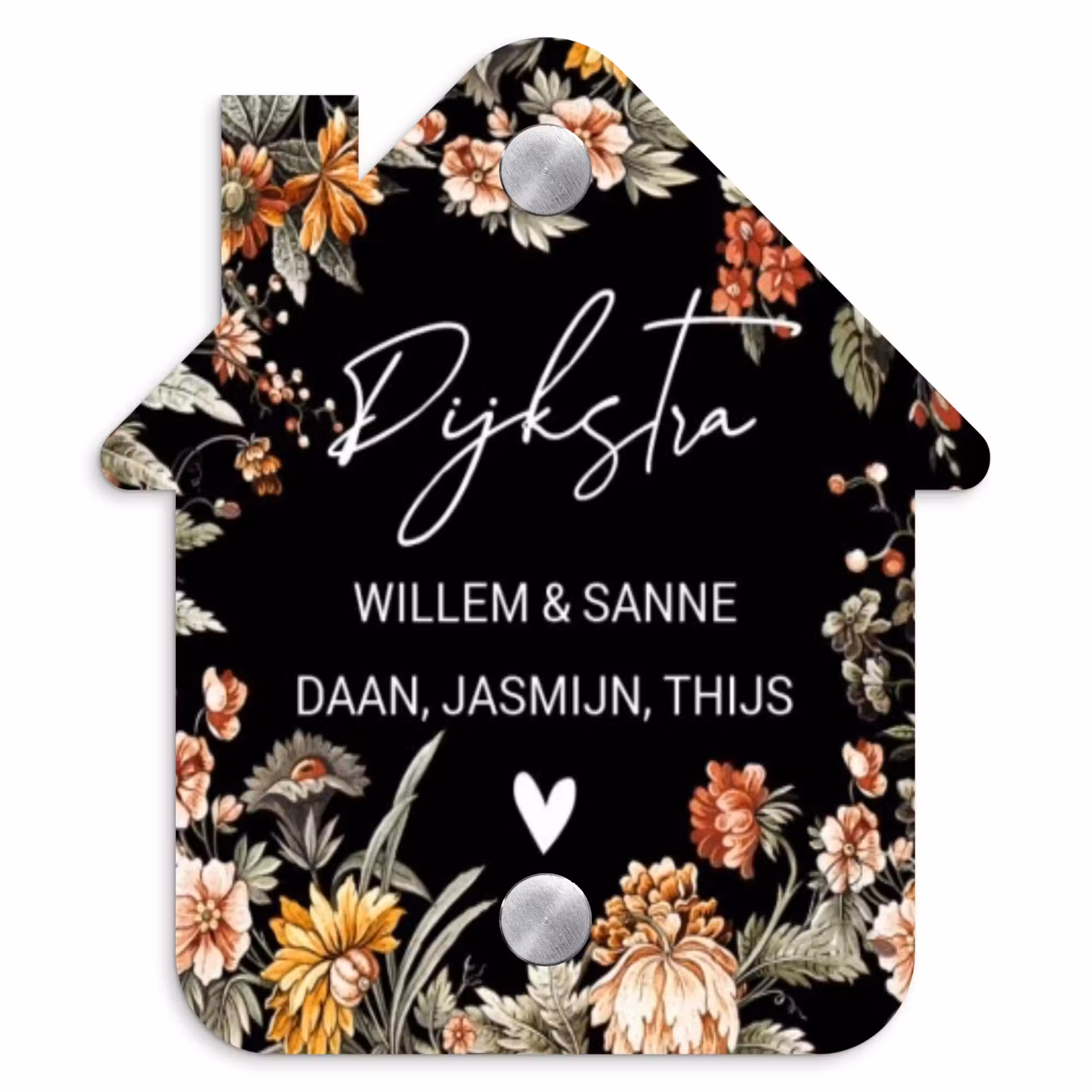 Naambordje voordeur - Huisjesvorm - Bloemen - Zwart - Sierlijk