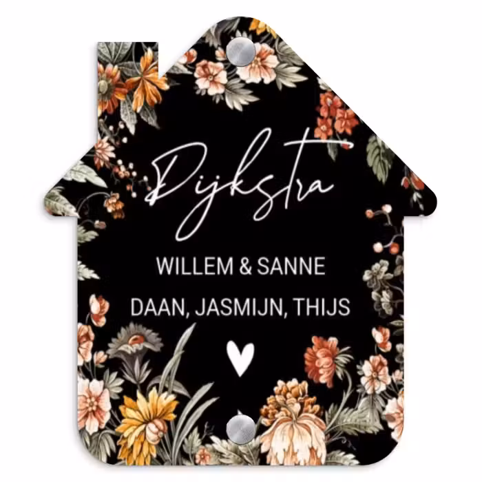 Naambordje voordeur - Huisjesvorm - Bloemen - Zwart - Sierlijk