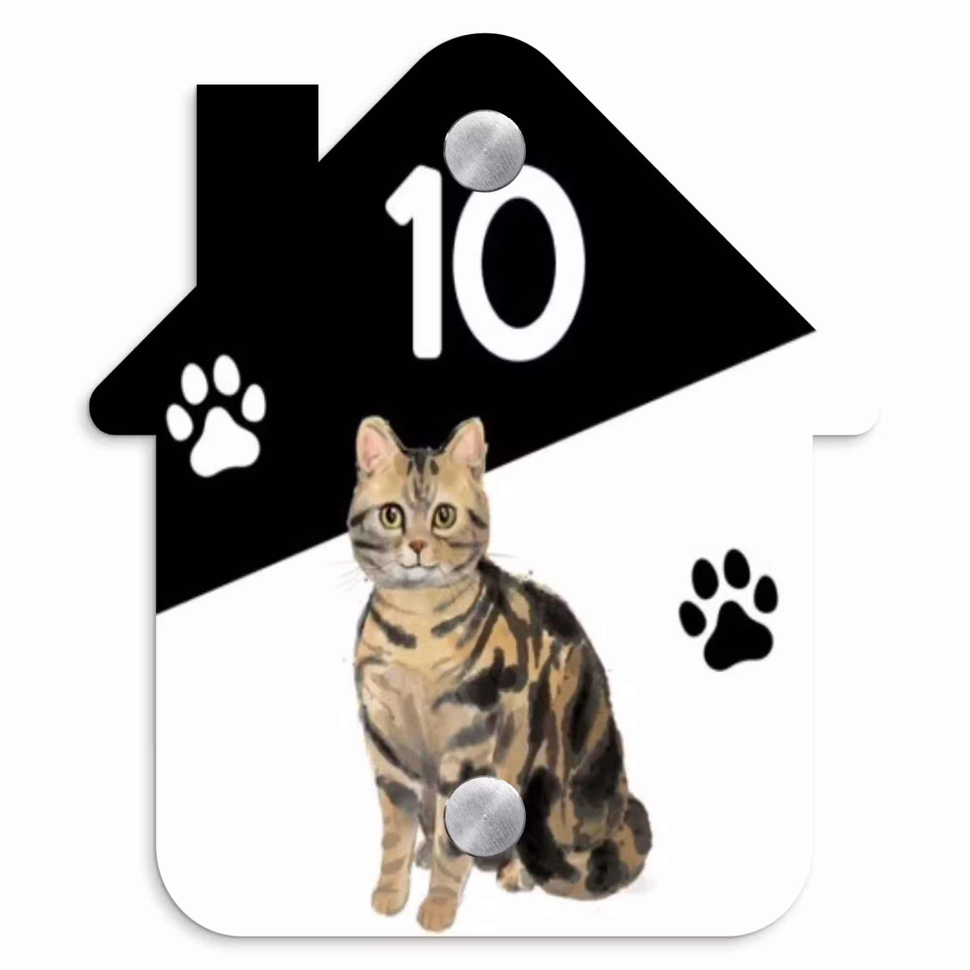 Naambordje voordeur - Huisjesvorm - Zwart wit - Huisdier - Bruingestreepte kat