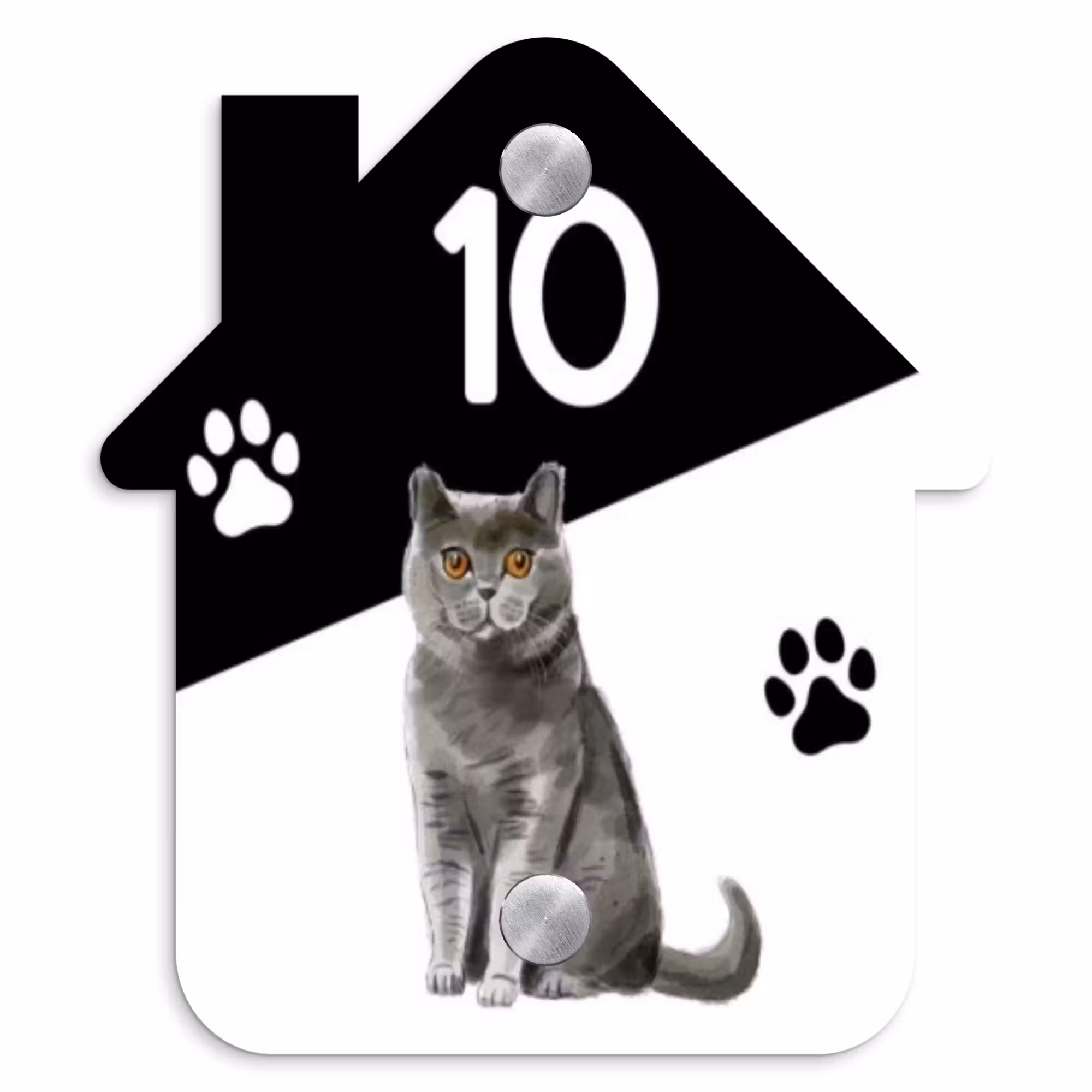 Naambordje voordeur - Huisjesvorm - Zwart wit - Huisdier - Grijze kat
