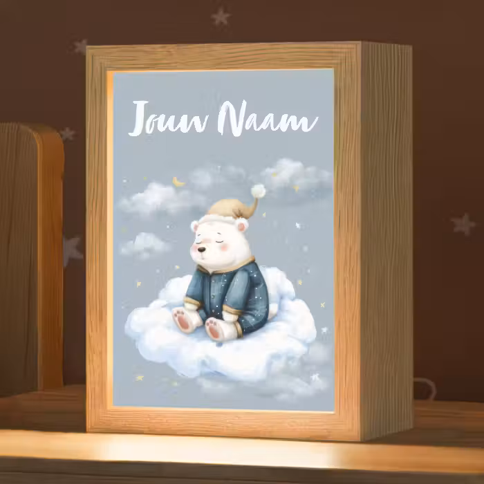 Nachtlampje met naam - Ijsbeer - Pyjama - Wolken - Sterrenhemel
