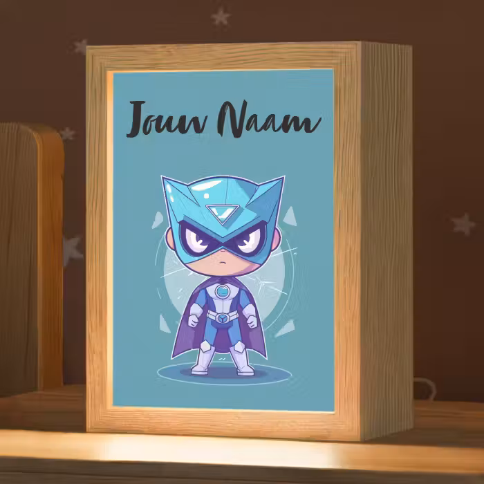 Nachtlampje met naam - Superheld - Blauw - Jongens