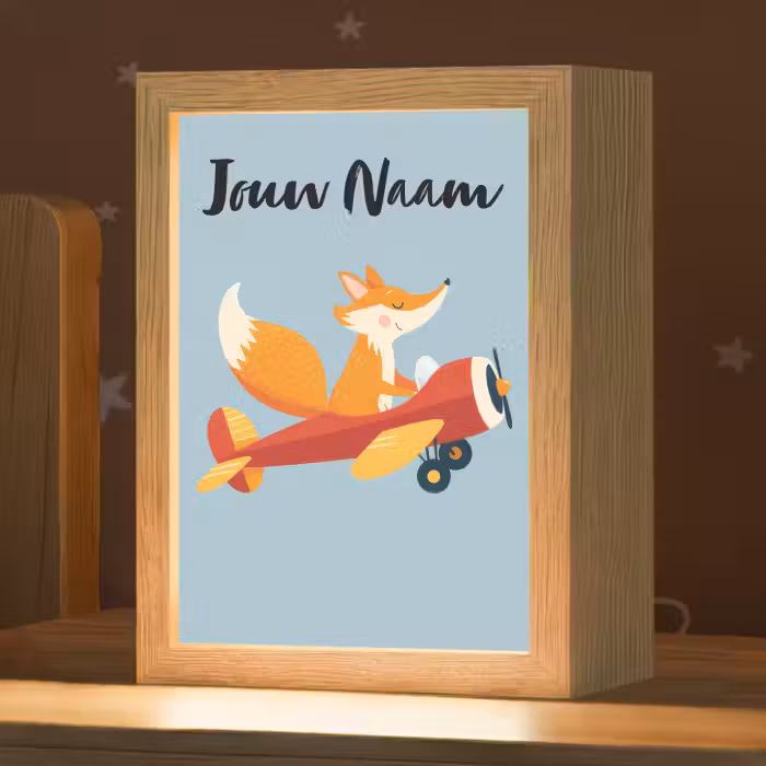 Nachtlampje met naam - Vos - Vliegtuig - Blauw