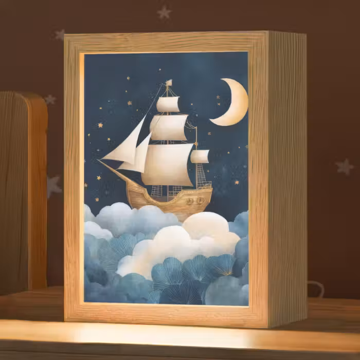 Nachtlampje - Zeilschip - Sterrenhemel - Wolken - Blauw