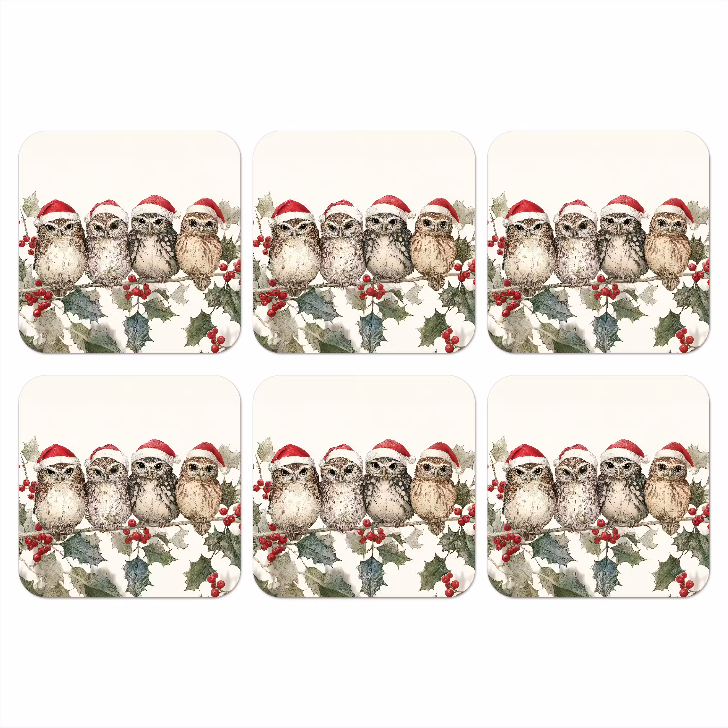 Onderzetter - Uilen - Tak - Hulstblaadjes - Kerstmuts