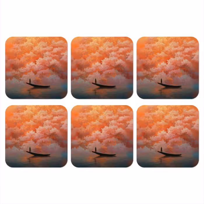 Onderzetter - Zee - Boot - Wolken - Oranje