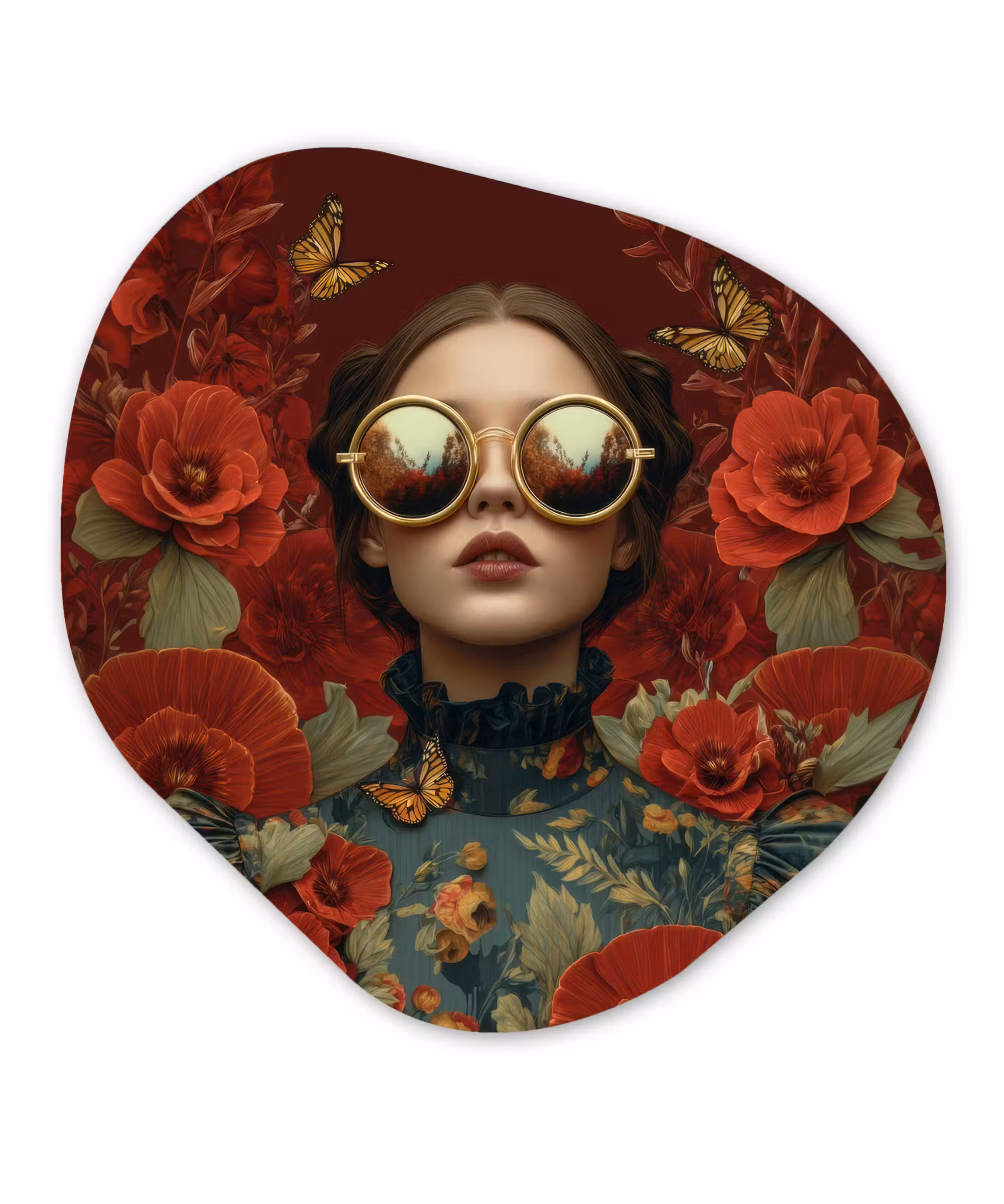 Organisch schilderij - Forex - Bloemen - Dieprood - Zonnebril - Vrouw