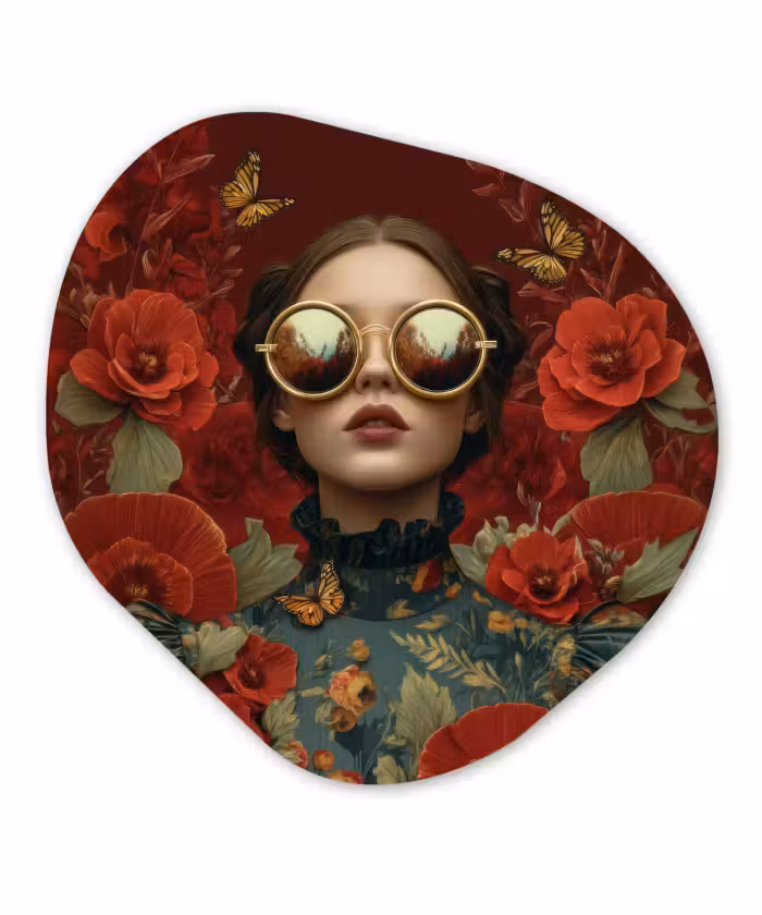 Organisch schilderij - Forex - Bloemen - Dieprood - Zonnebril - Vrouw