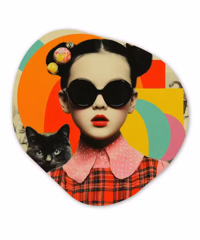 Organisch schilderij - Forex - Meisje - Zonnebril - Kat - Retro