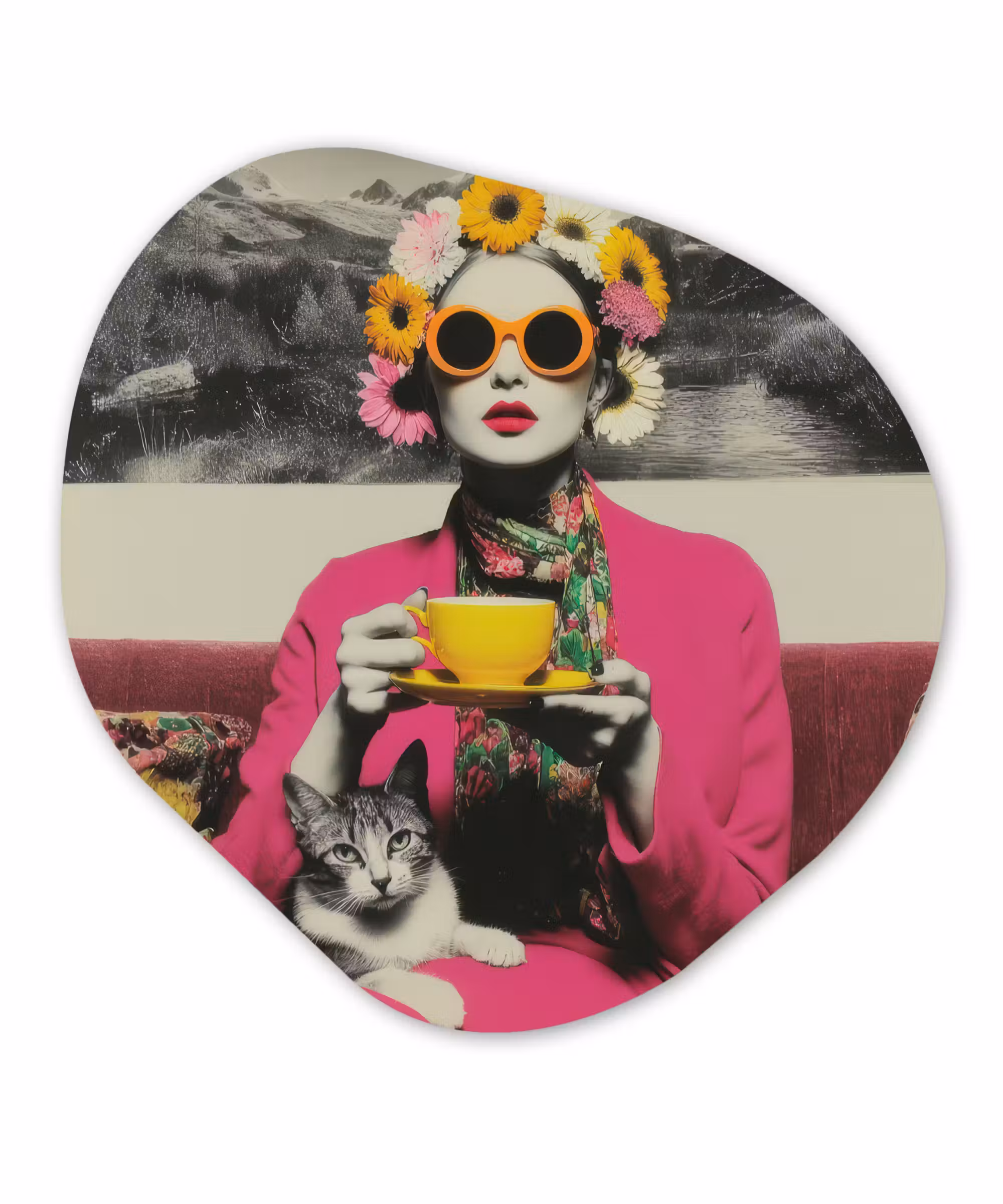 Organisch schilderij - Forex - Vrouw - Kat - Bloemen - Kopje - Retro
