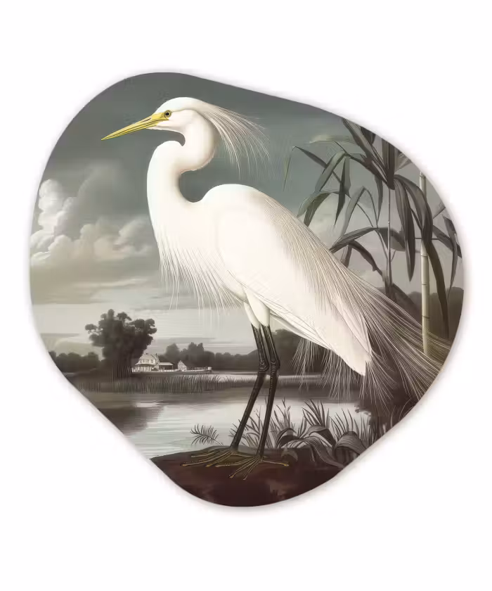 Organisch schilderij – Reiger - Planten - Wolken - Wit