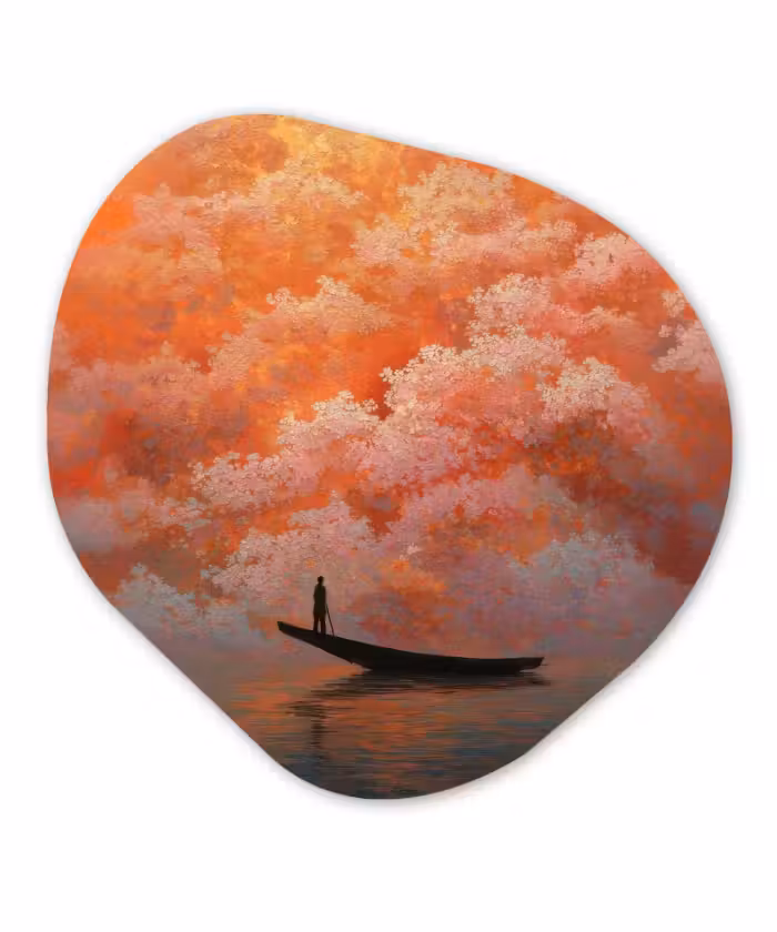 Organische schilderij - Aluminium - Zee - Boot - Wolken - Oranje