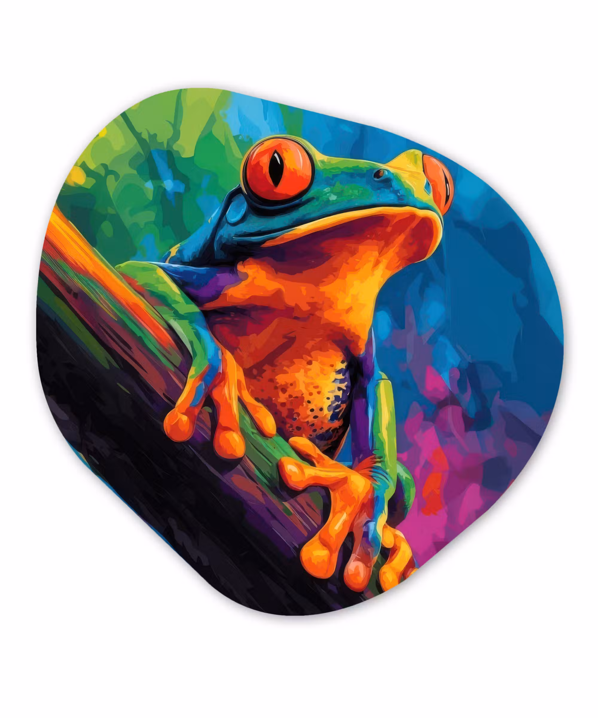 Organische vorm - schilderij - Aluminium - Kikker - Felgekleurd - Tak - Regenboog