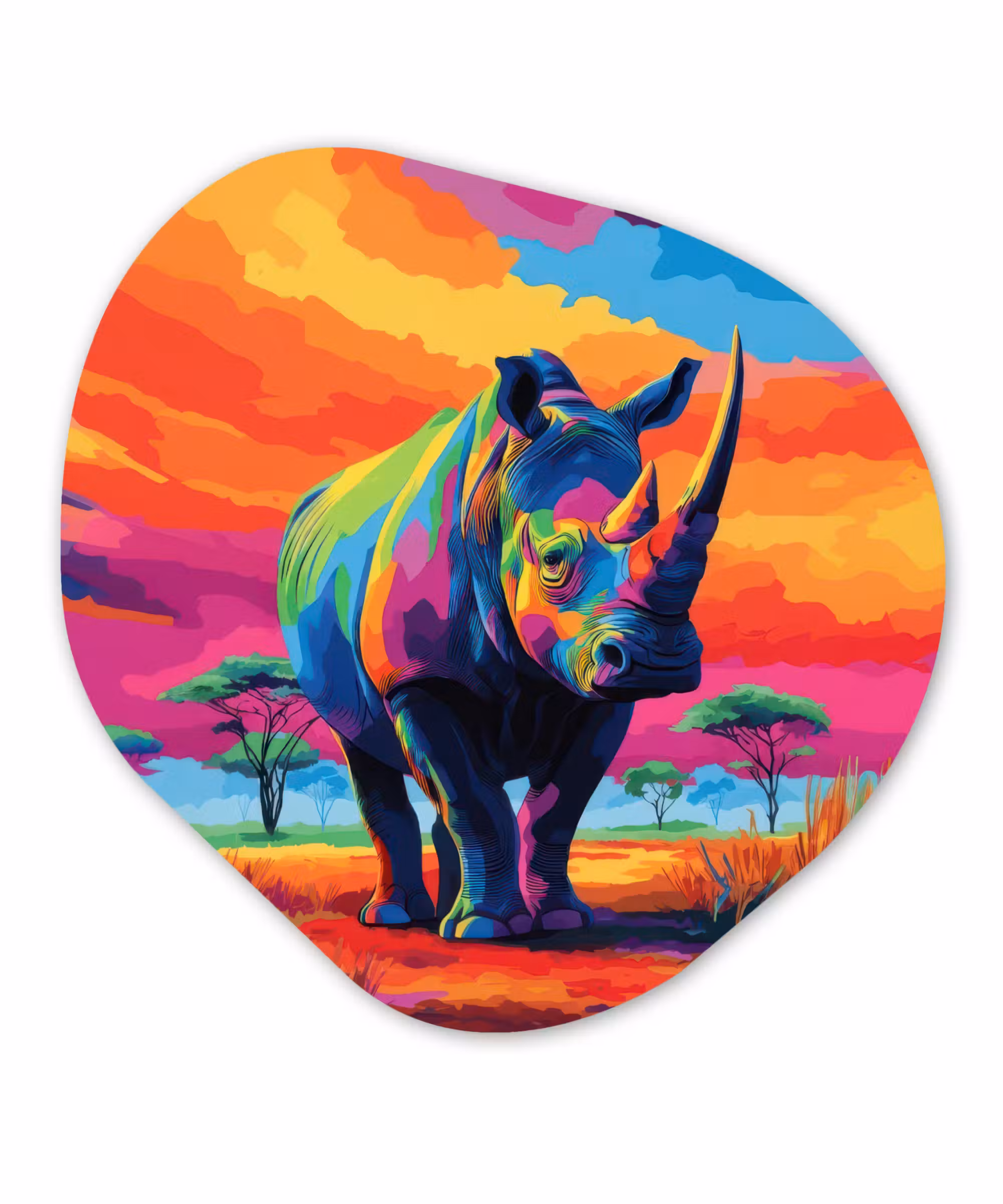 Organische vorm - schilderij - Aluminium - Neushoorn - Zonsondergang - Savanna - Kleurrijk