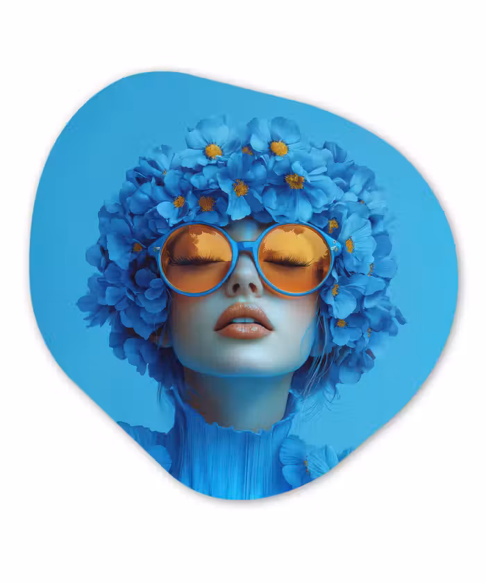 Organisch schilderij - Glas - Vrouw - Bloem - Blauw - Modern - Bril - Portret