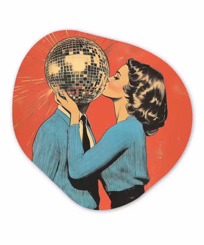 Organisch schilderij - Glas - Vrouw - Retro - Discobal - Kus