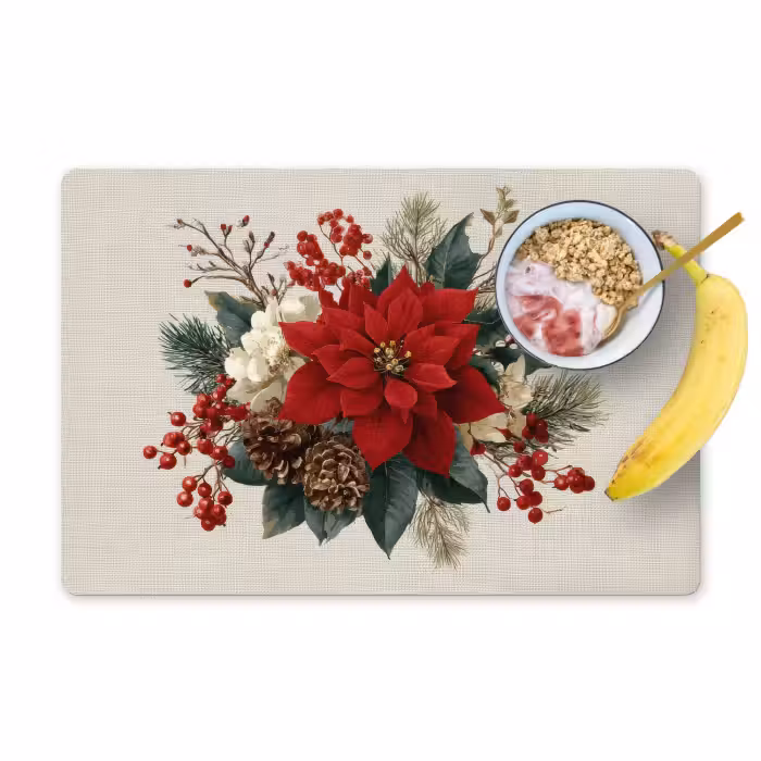 Placemat - 6 stuks - Kerststuk - Poinsettia - Dennenappels - Rood