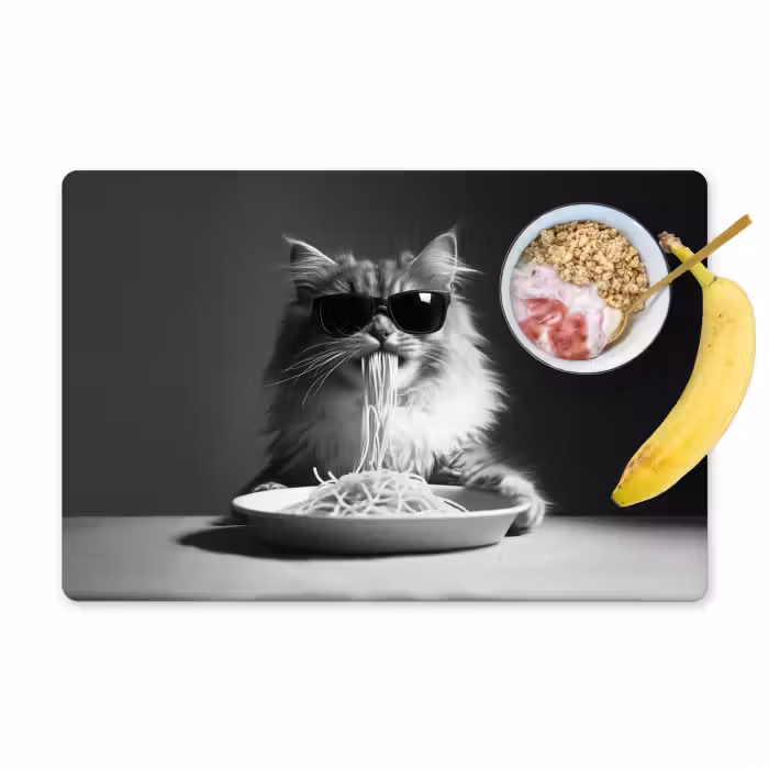 Placemat - 6 stuks - Langharige kat - Zonnebril - Spaghetti - Humor - Zwart - wit
