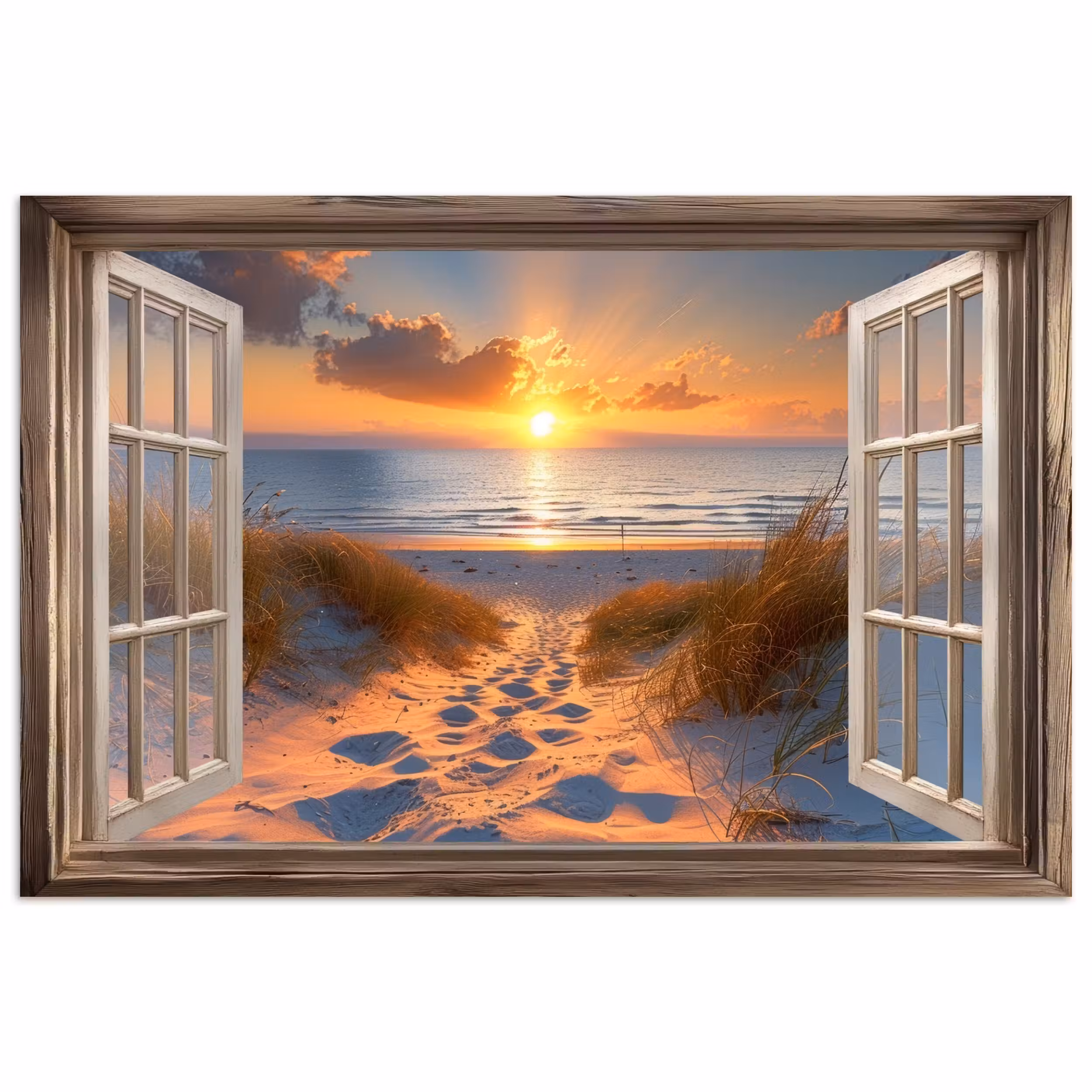 Poster – Doorkijk - Strand - Duinen - Zonsondergang