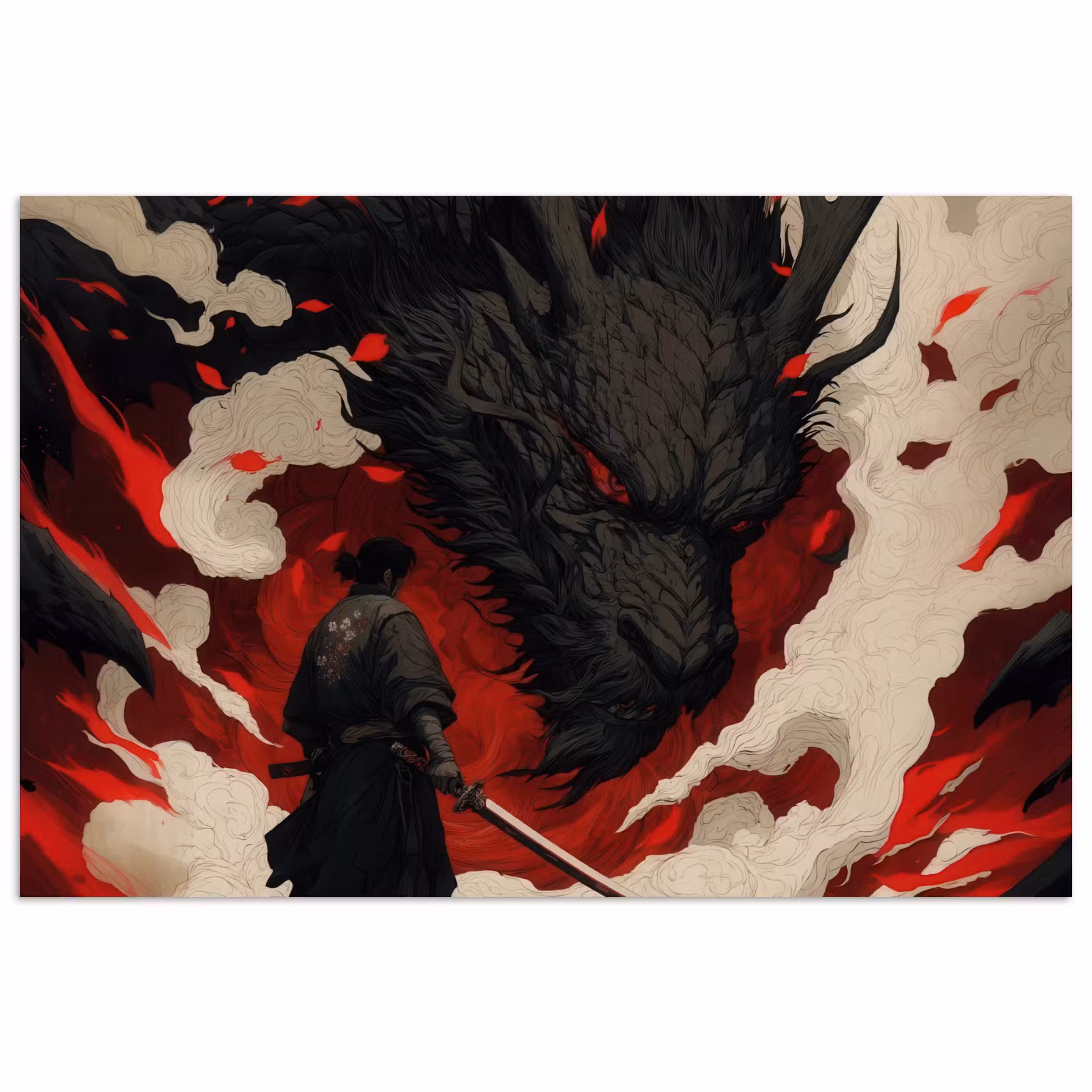 Poster – Krijger - Draak - Zwart - Rood - Rook