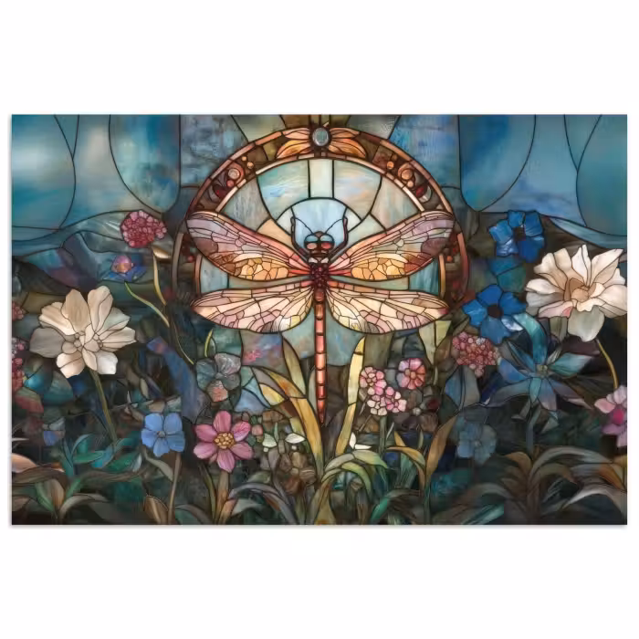 Poster – Libelle - Mozaïek - Bloemen - Kleurrijk