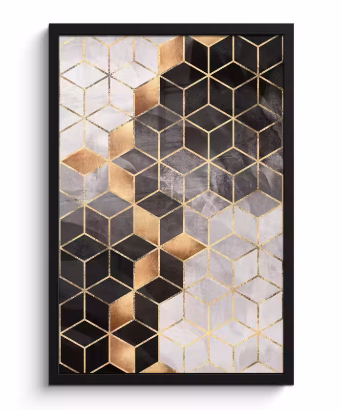 Poster met lijst - Abstract - Kubus - Goud - Patronen - Zwart - Wit