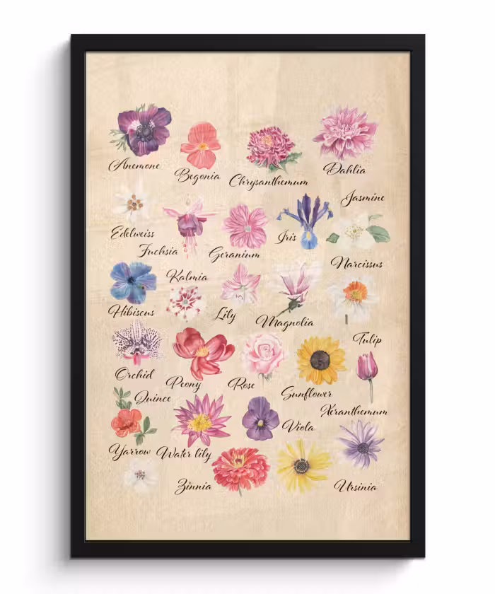 Poster met lijst - Alfabet - Bloemen - Planten - Educatief - Retro - Kind - Kids