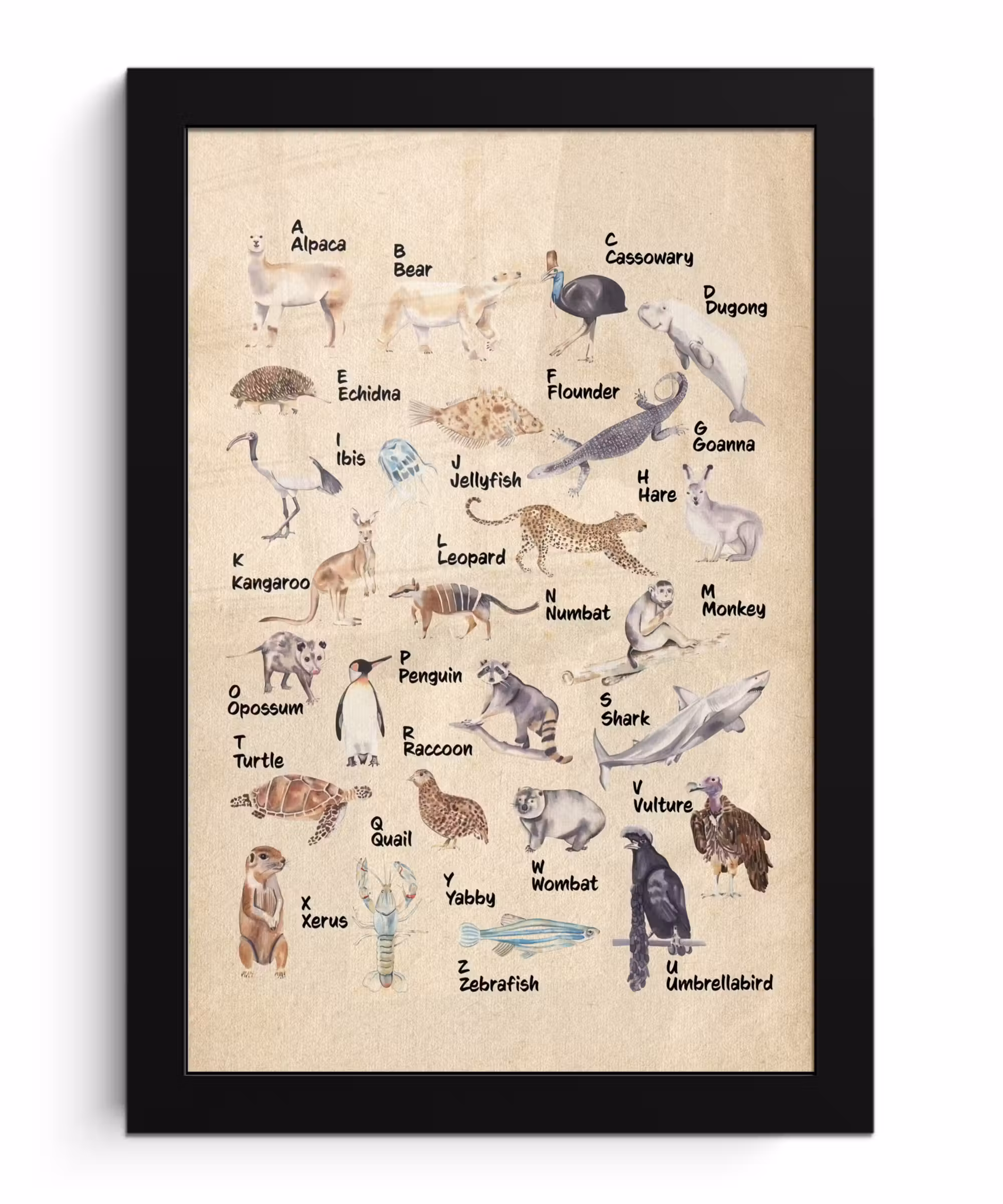 Poster met lijst - Alfabet - Dieren - Educatief - Retro - Bruin - Kind - Kinderen