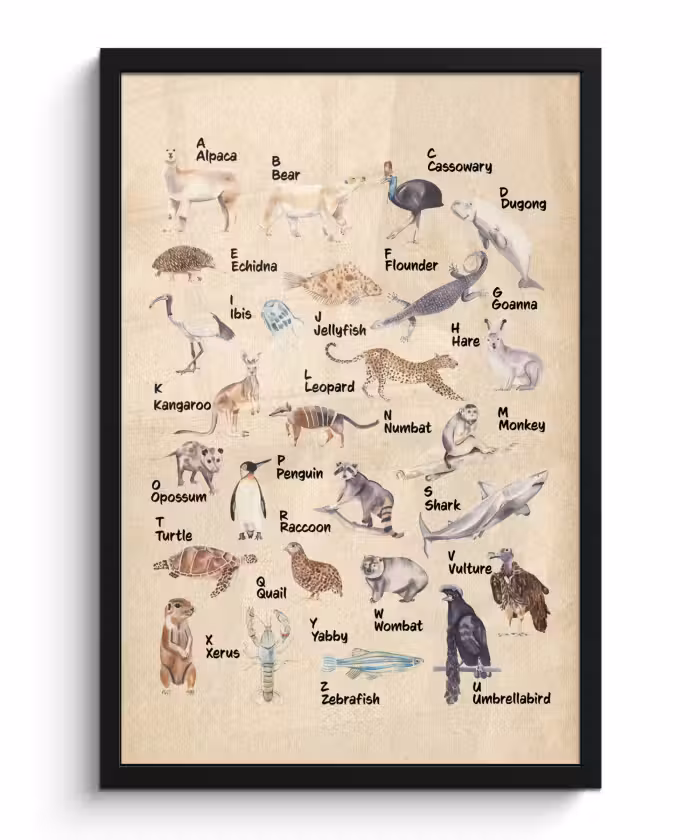 Poster met lijst - Alfabet - Dieren - Educatief - Retro - Bruin - Kind - Kinderen