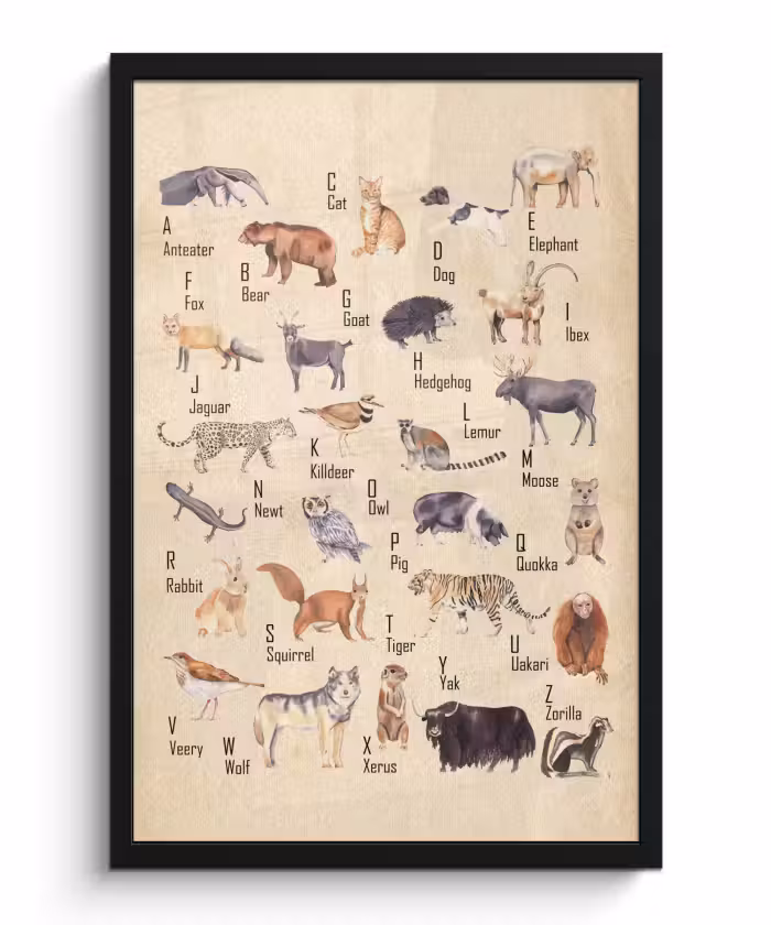 Poster met lijst - Alfabet - Dieren - Hond - Kat - Educatief - Retro - Kind - Kinderen