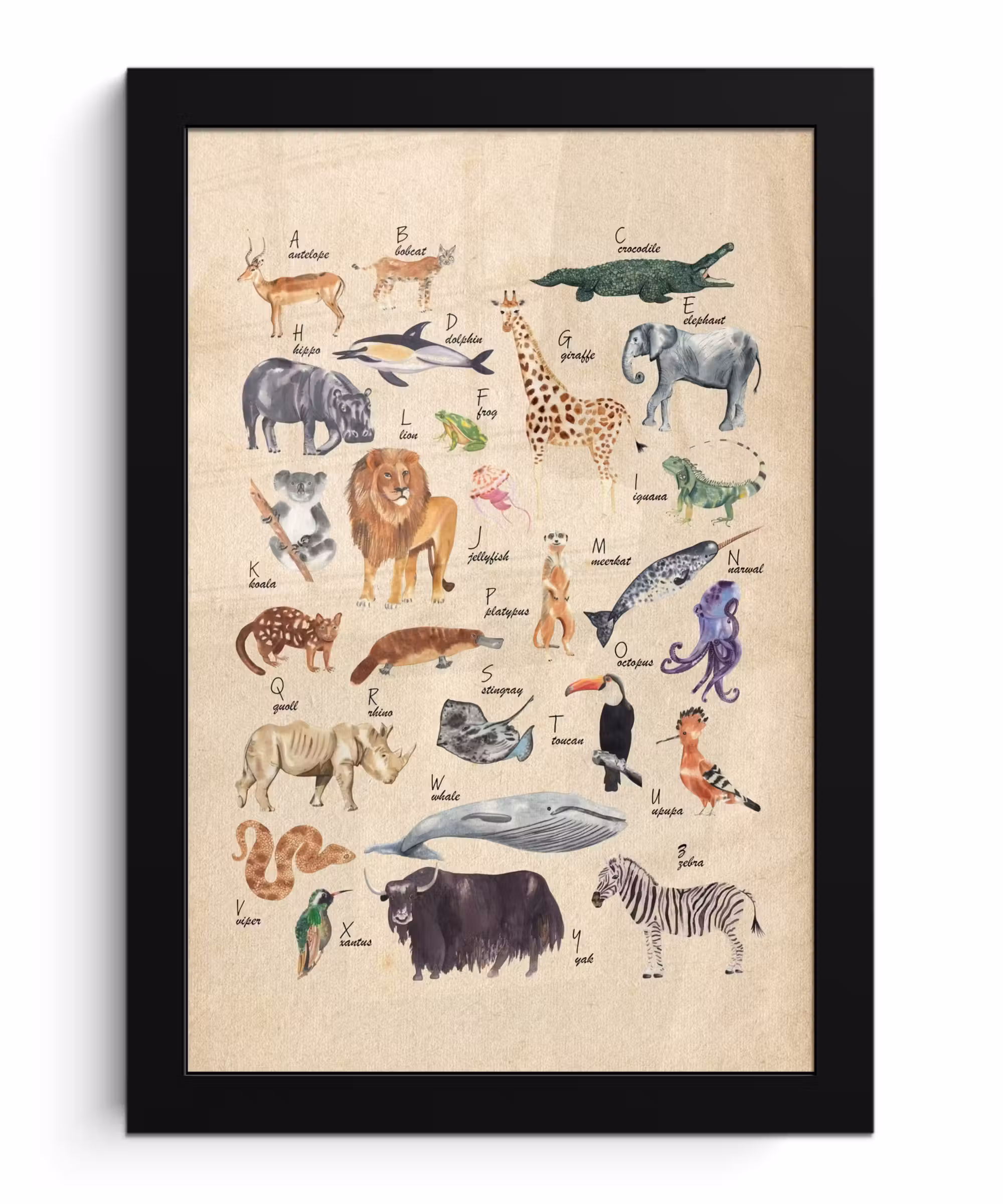 Poster met lijst - Alfabet - Dieren - Leeuw - Retro - Bruin - Kids - Kinderen