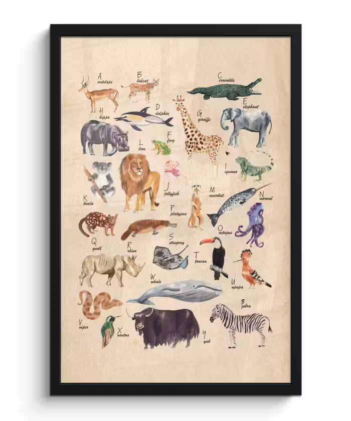 Poster met lijst - Alfabet - Dieren - Leeuw - Retro - Bruin - Kids - Kinderen