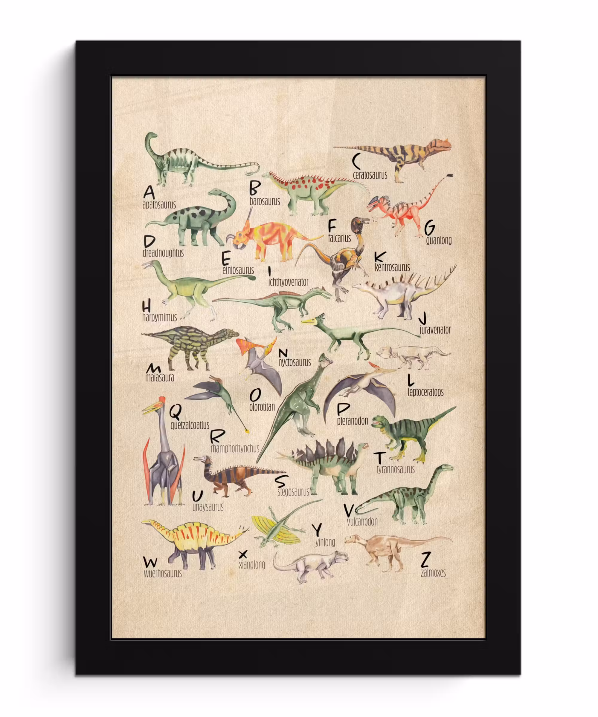 Poster met lijst - Alfabet - Dino - Dinosaurus - Educatief - Retro - Kinderen