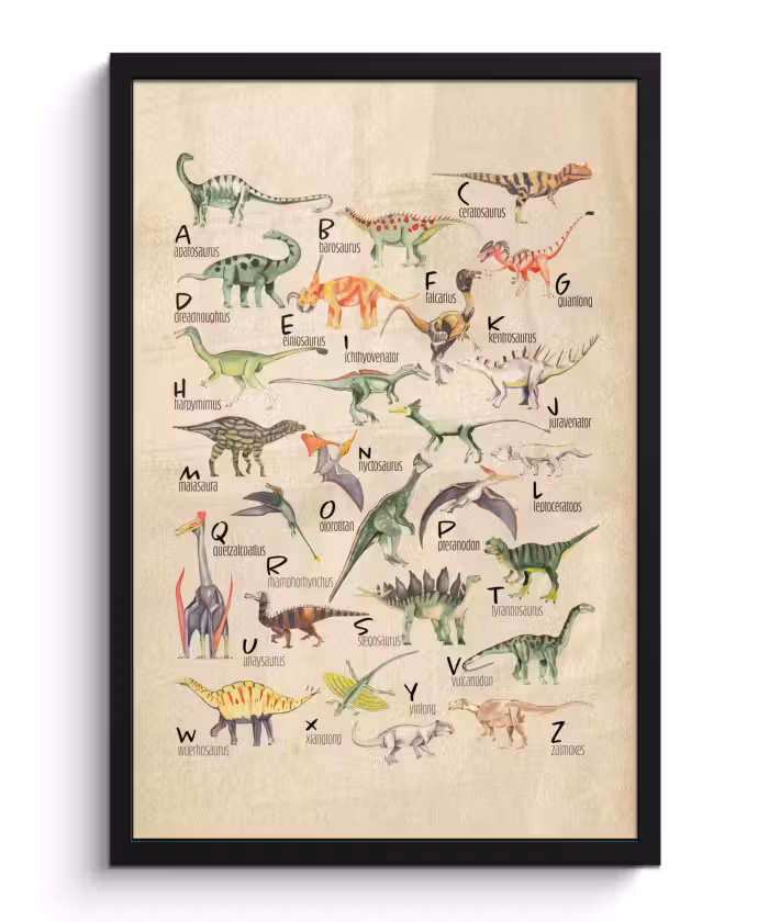 Poster met lijst - Alfabet - Dino - Dinosaurus - Educatief - Retro - Kinderen