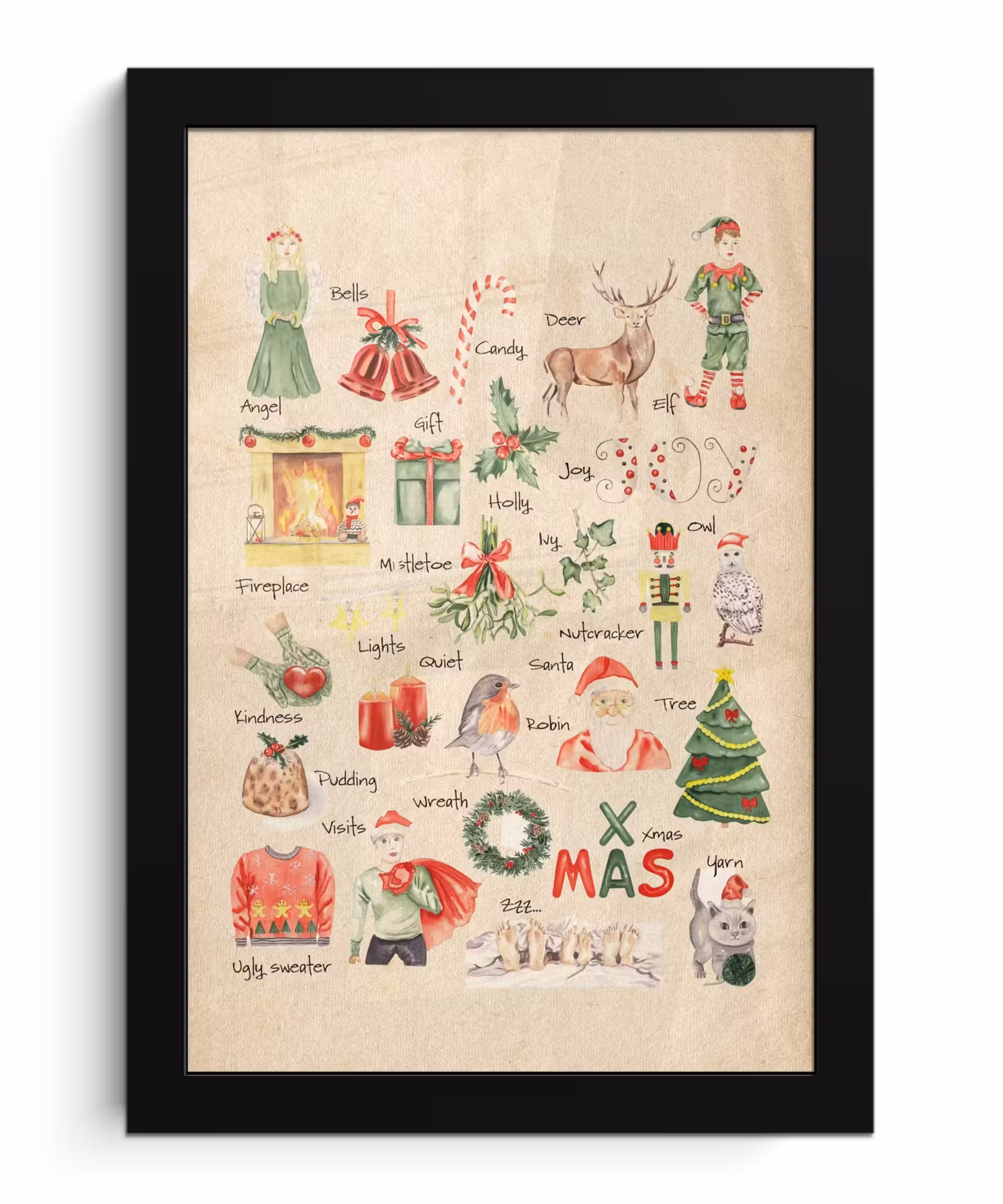 Poster met lijst - Alfabet - Kerst - Christmas - Educatief - Retro - Kind - Kinderen