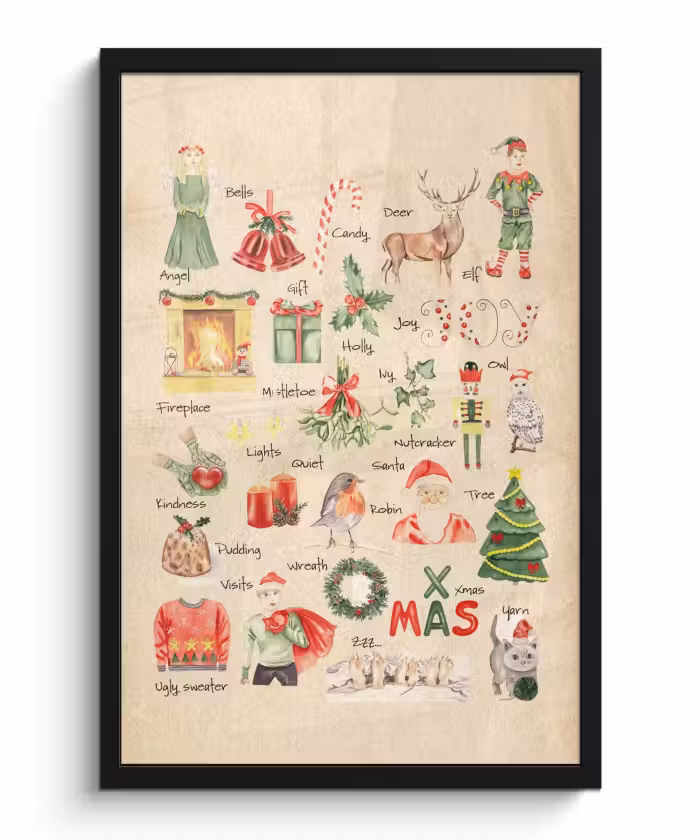 Poster met lijst - Alfabet - Kerst - Christmas - Educatief - Retro - Kind - Kinderen
