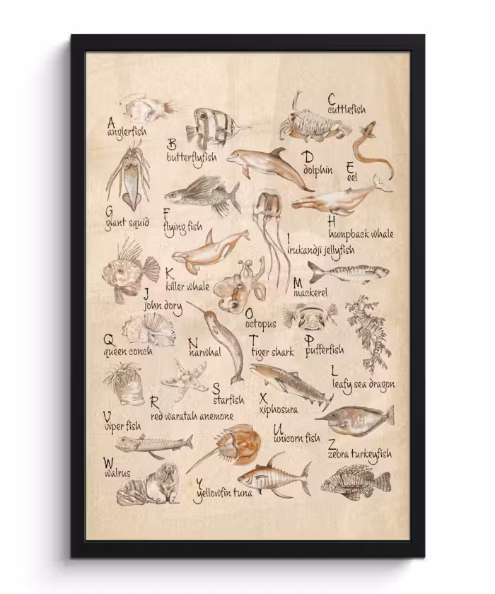Poster met lijst - Alfabet - Zeedieren - Vissen - Retro - Bruin - Kinderen - Kids