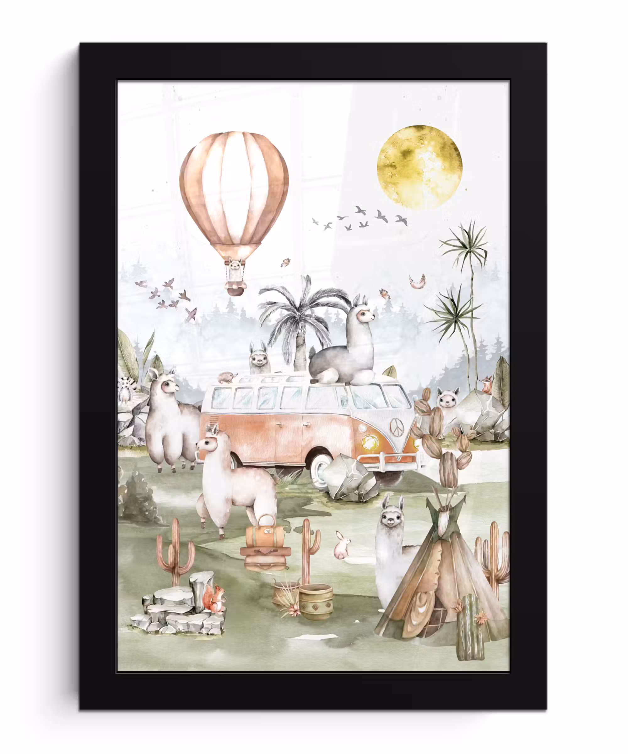Poster met lijst - Alpaca - Dieren - Kinderen - Luchtballon - Kids