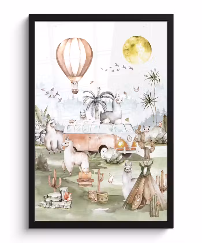 Poster met lijst - Alpaca - Dieren - Kinderen - Luchtballon - Kids