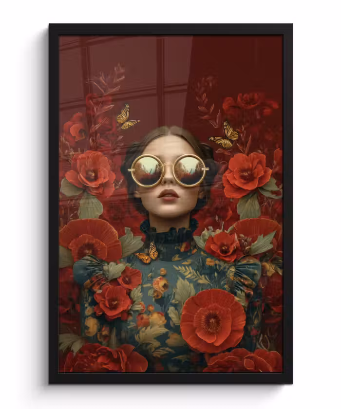 Poster met lijst - Bloemen - Dieprood - Zonnebril - Vrouw