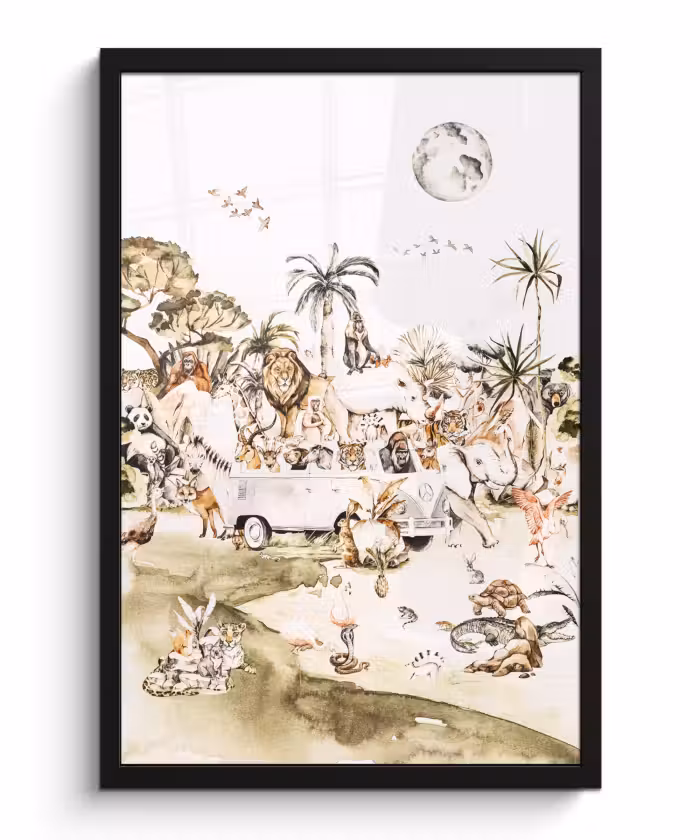 Poster met lijst - Bus - Dieren - Kinderen - Jongens - Meisjes - Palmboom