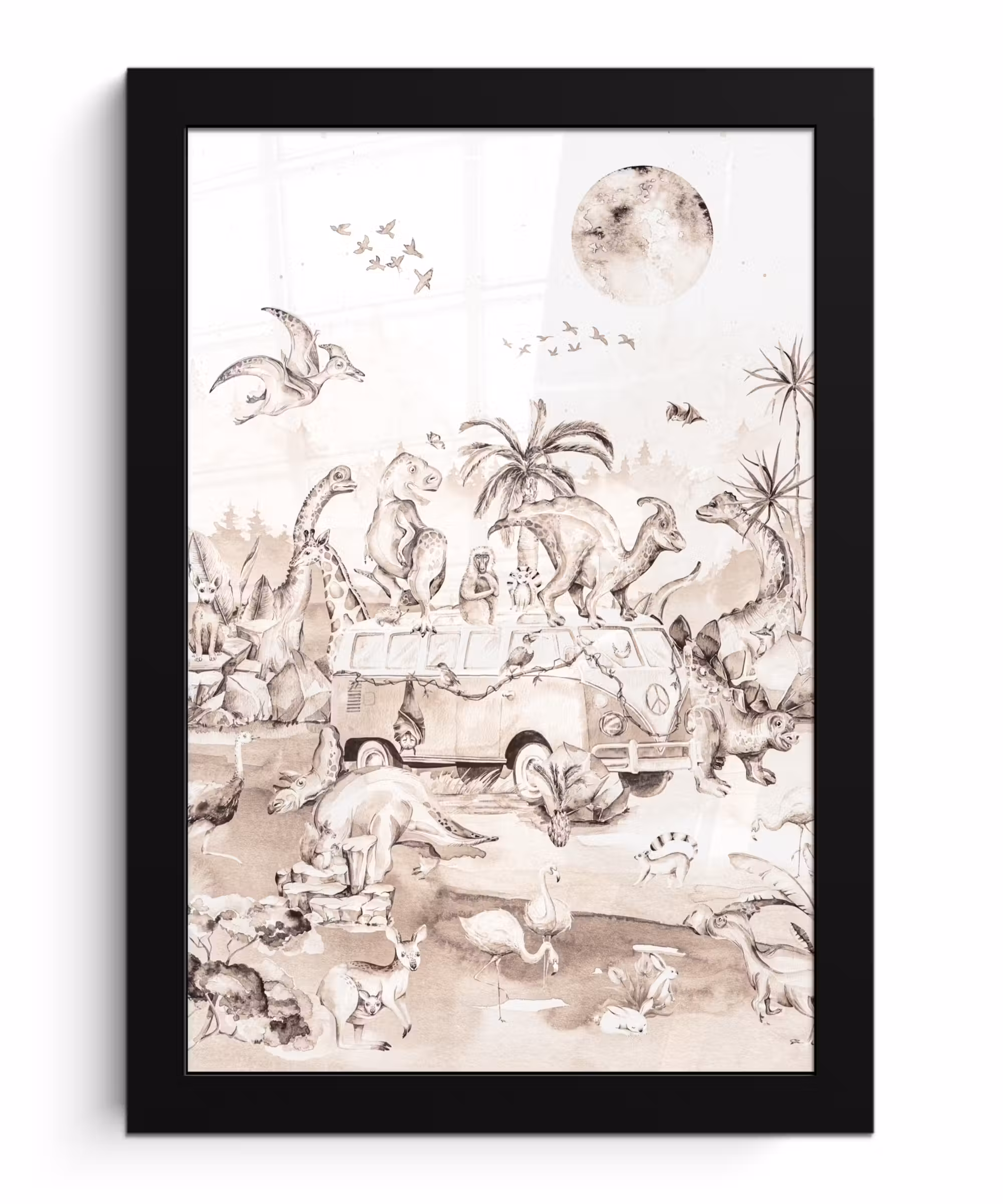 Poster met lijst - Dinosaurus - Bus - Kinderen - Dieren - Bomen