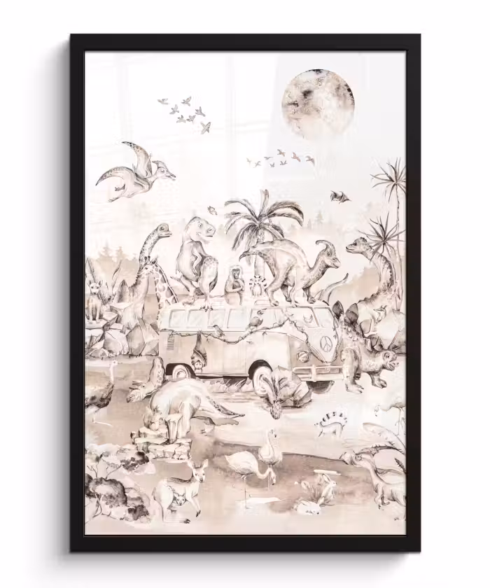 Poster met lijst - Dinosaurus - Bus - Kinderen - Dieren - Bomen