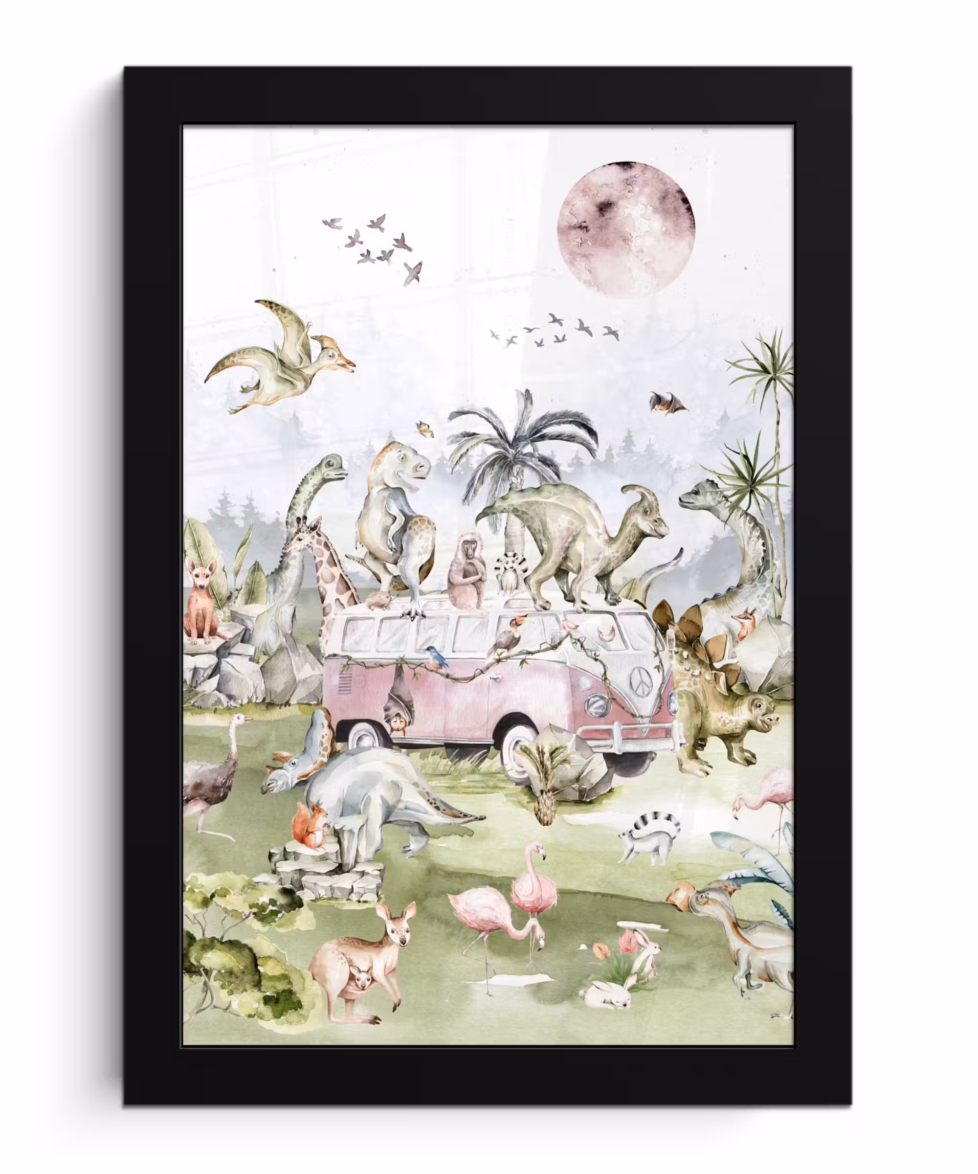 Poster met lijst - Dinosaurus - Kinderen - Bus - Bomen - Dieren - Kids