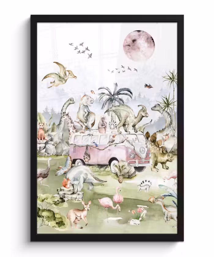 Poster met lijst - Dinosaurus - Kinderen - Bus - Bomen - Dieren - Kids