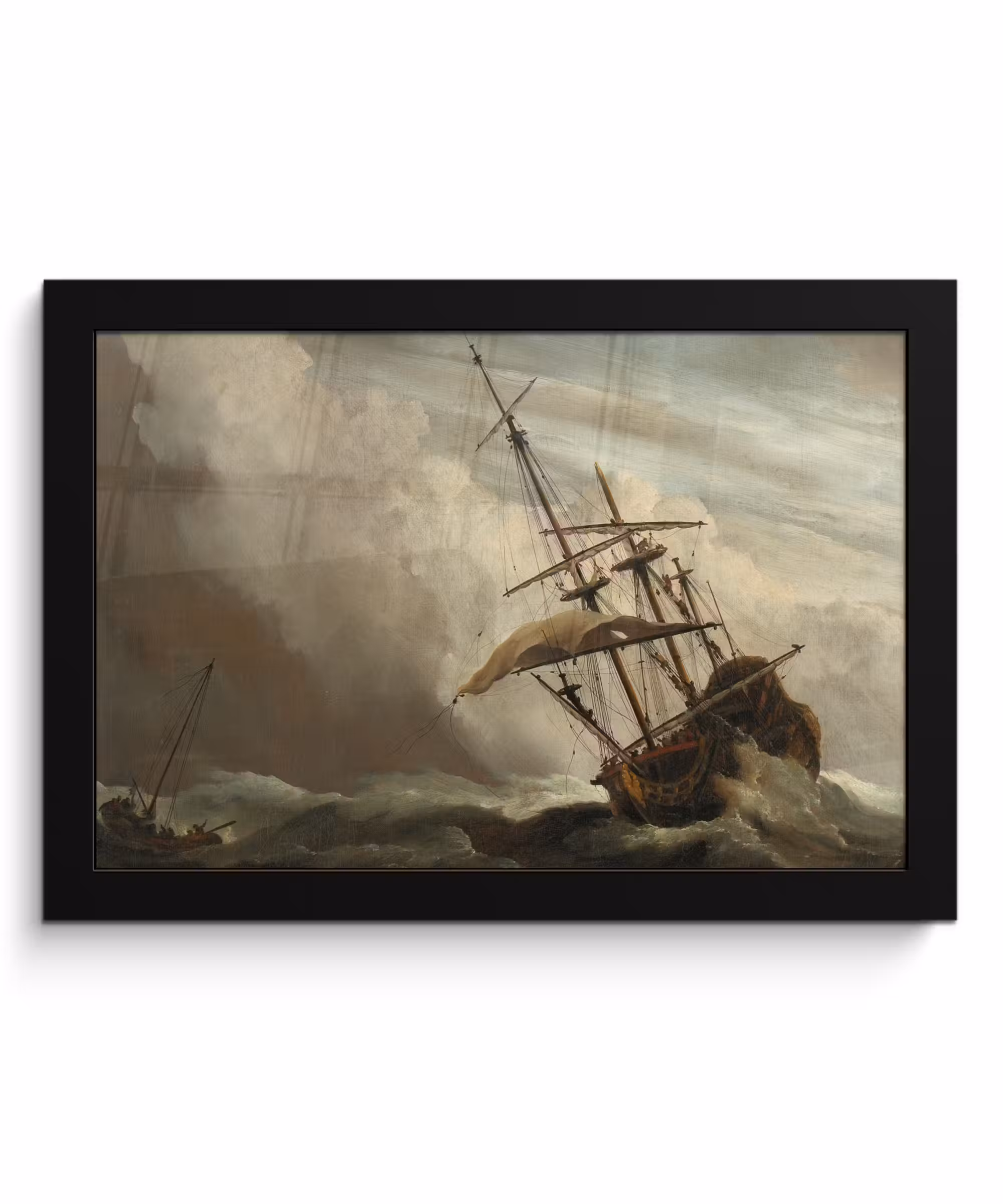 Poster met lijst - Een schip in volle zee bij vliegende storm - Schilderij van Willem van de Velde